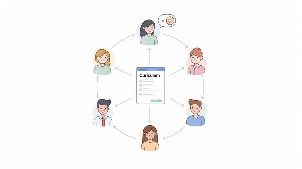 Illustration of six diverse individuals collaborating on a central curriculum document with arrows indicating interaction.