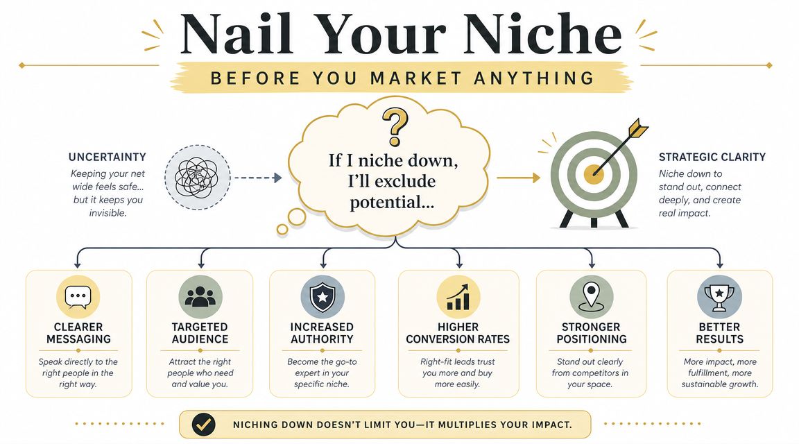 An infographic illustrating why narrowing your business niche increases authority, conversion rates, and overall market impact.