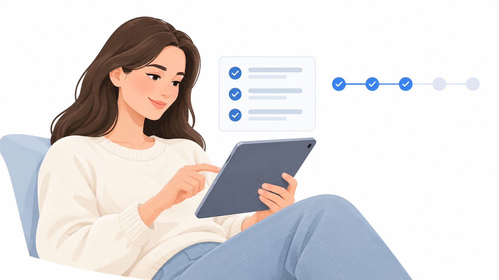 A woman using a tablet to complete a digital checklist as part of a user onboarding process.