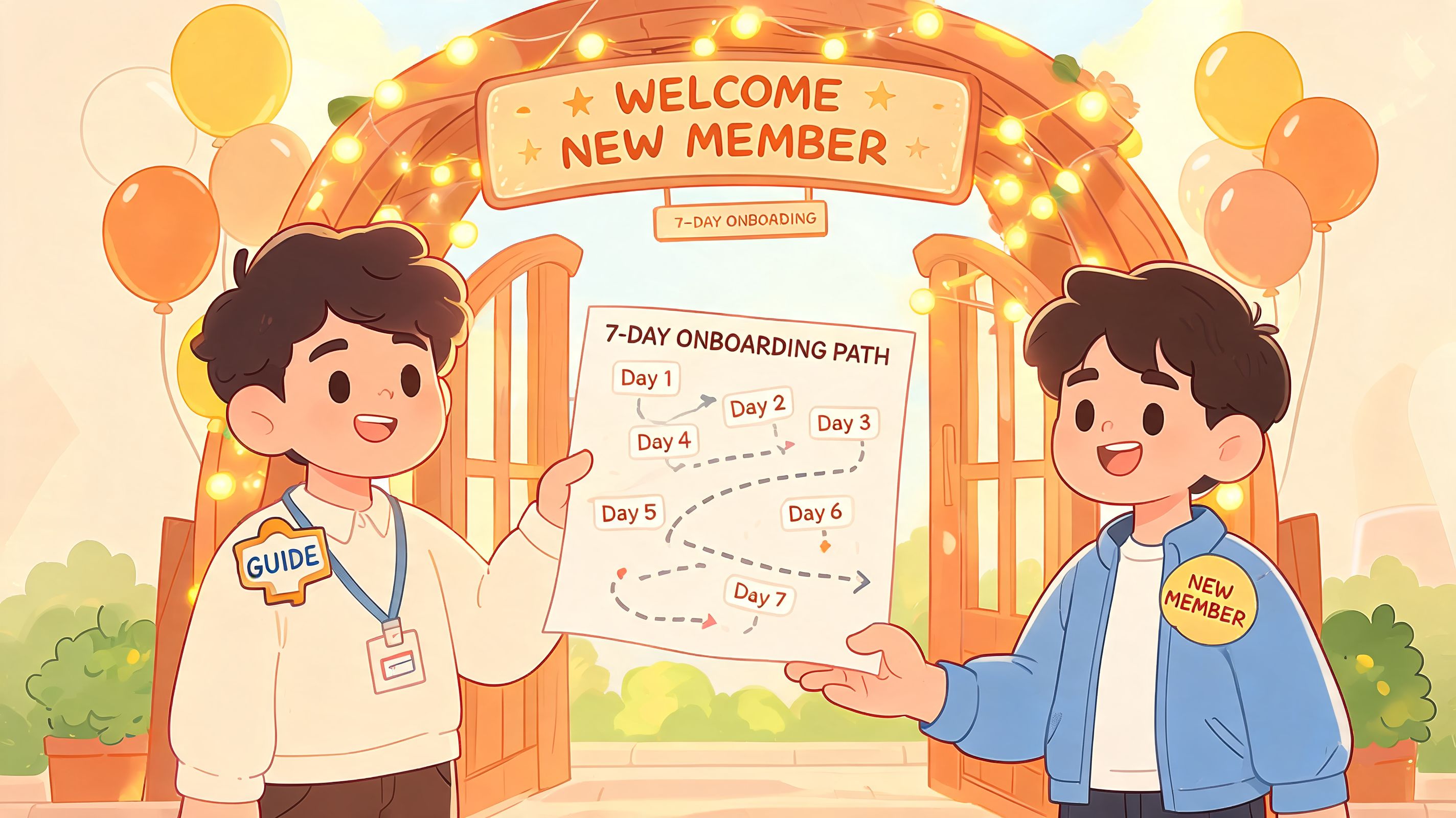 A friendly guide showing a new member a seven-day onboarding path map in front of a welcome arch.