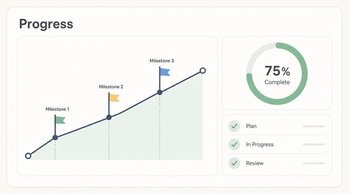 A digital progress dashboard featuring a line graph with milestones and a seventy-five percent completion circle.