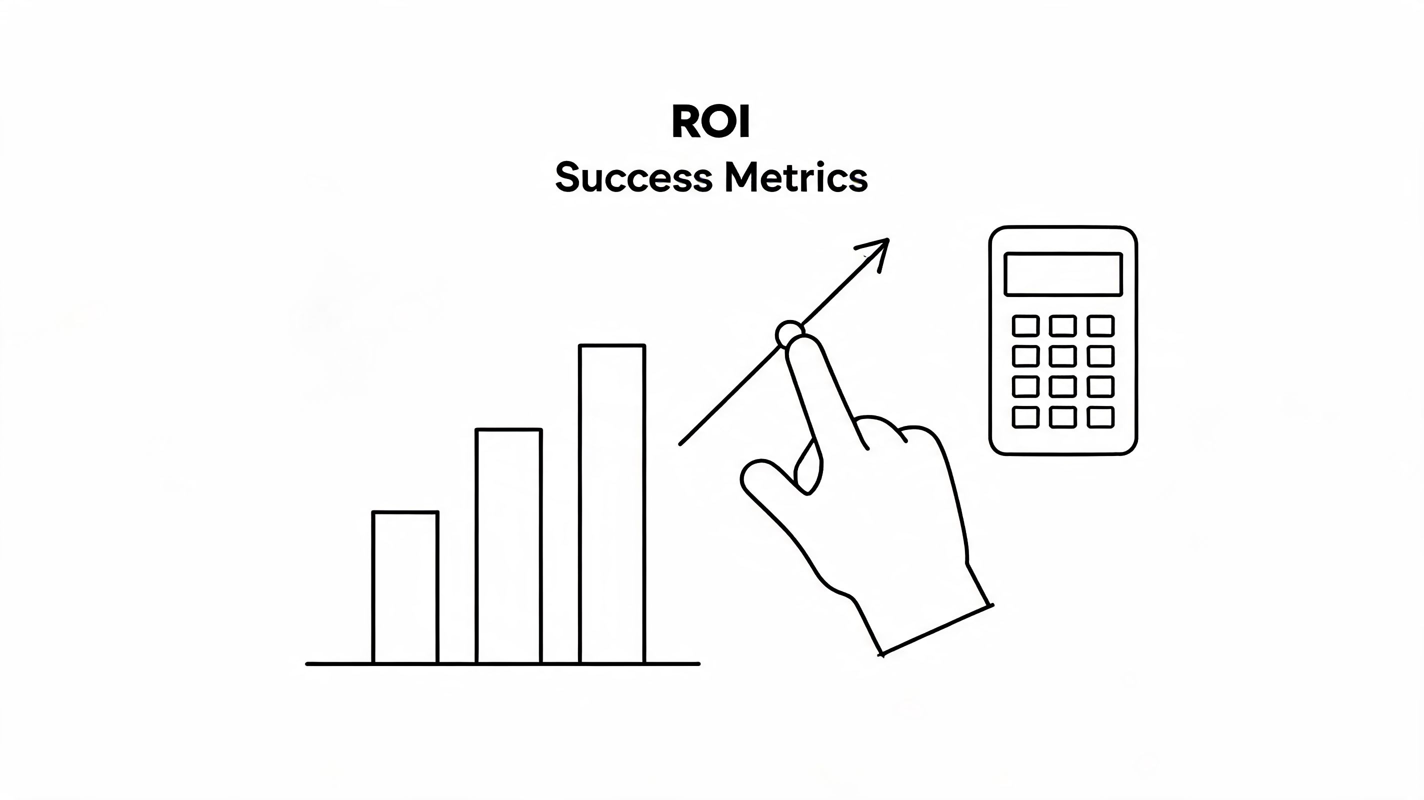 A line art illustration featuring a growth bar chart, a hand pointing, and a calculator icon.