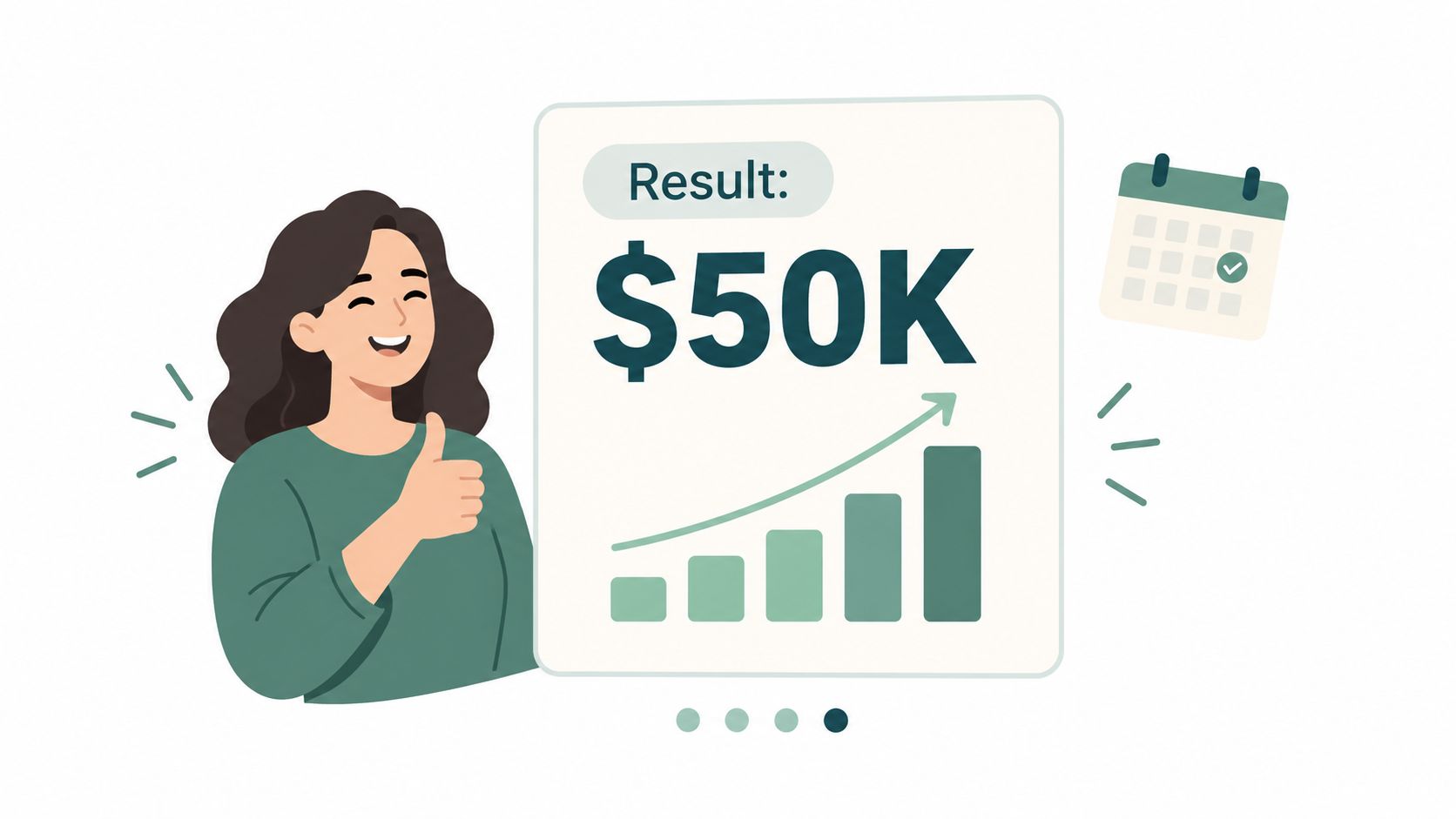 A smiling woman giving a thumbs up next to a graphic showing a fifty thousand dollar result.