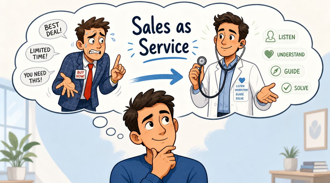 An illustration showing a man thinking about shifting from high-pressure sales tactics to a helpful consultative approach.