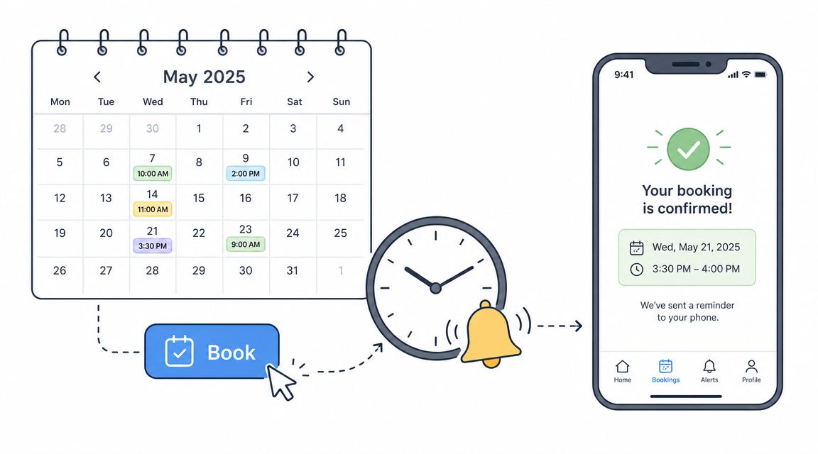 A calendar showing scheduled appointments, a ringing alarm clock, and a mobile phone displaying a booking confirmation.
