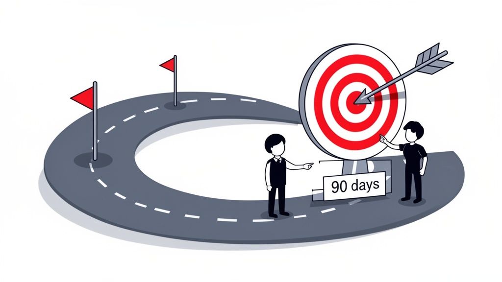 Two men by a bullseye target with an arrow and '90 days' sign, symbolizing a journey to achieve goals.