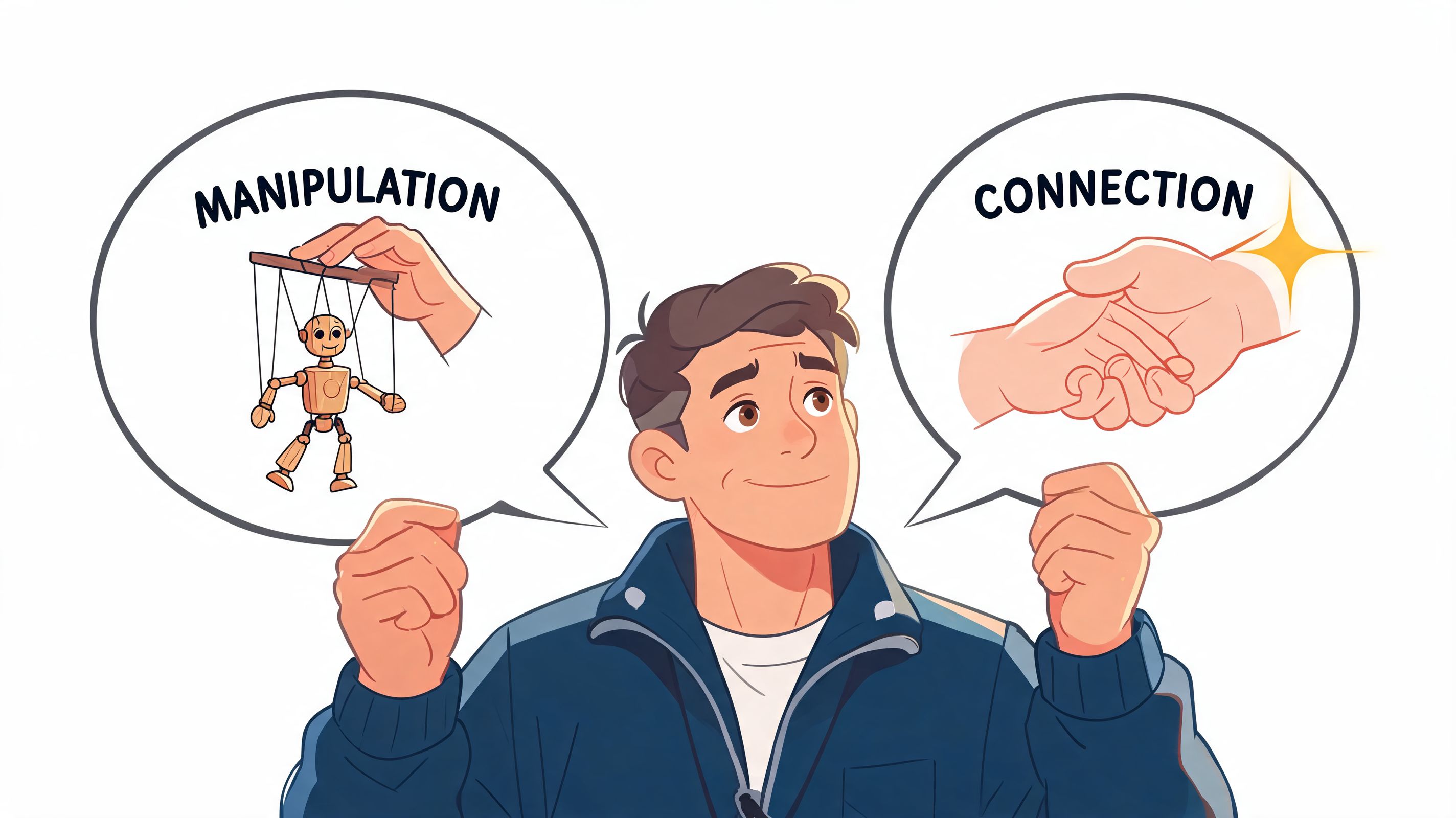 A man deciding between the concepts of manipulation with a marionette and connection through a handshake.
