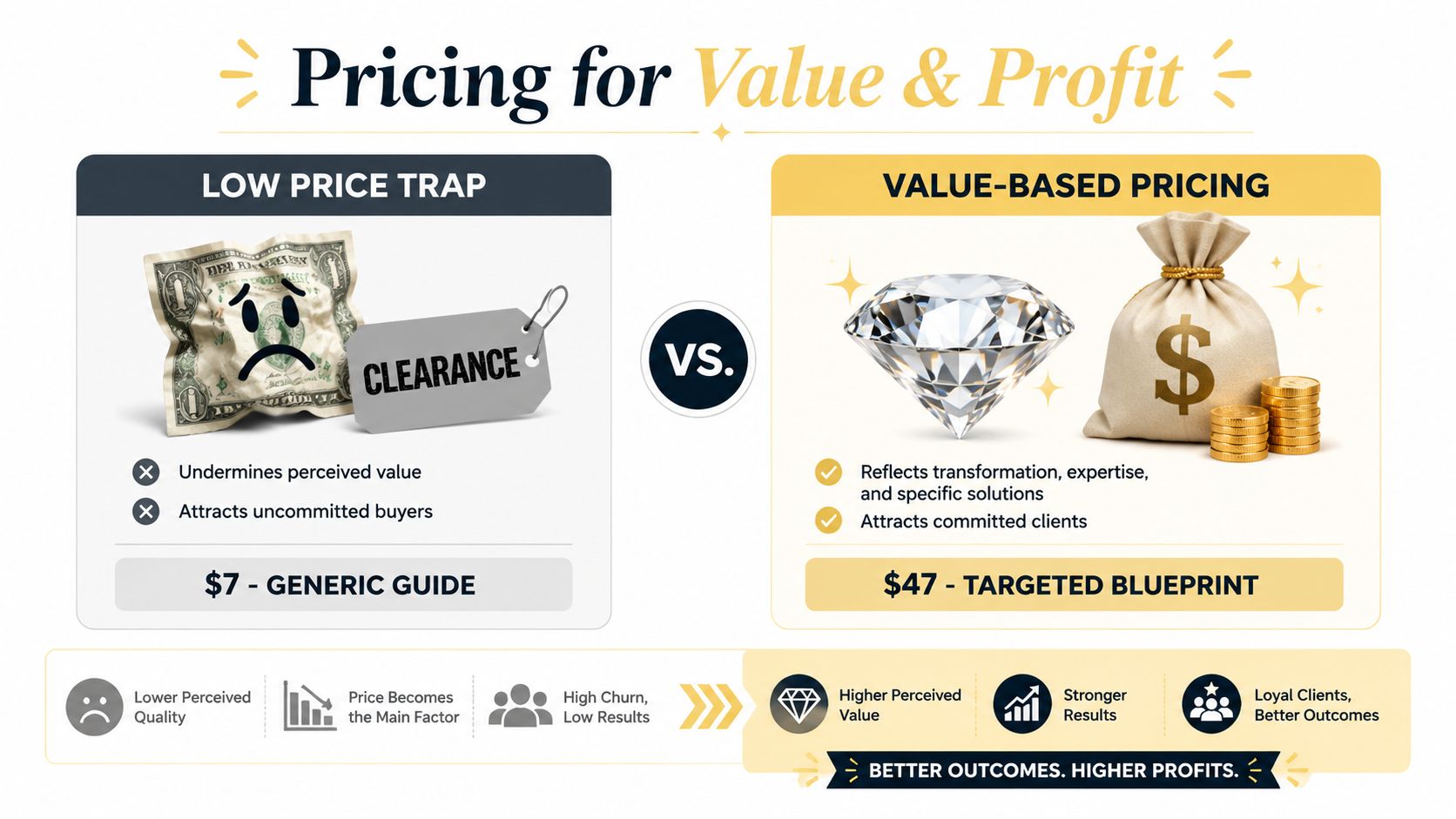 A comparative infographic showing why value-based pricing generates better results than low-price clearance strategies for businesses.