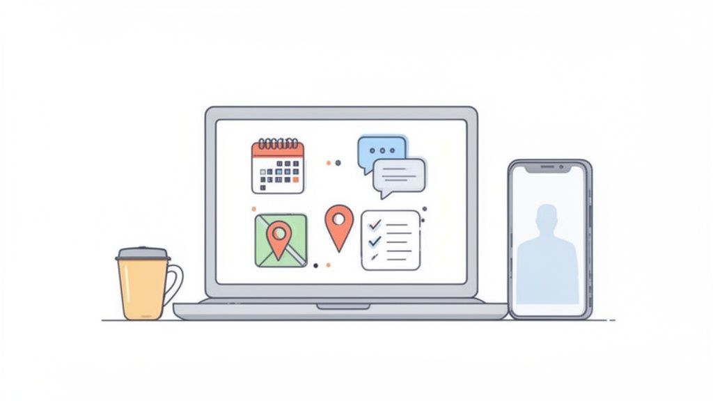 Digital illustration of a laptop with app icons, a smartphone with a user profile, and a coffee mug.