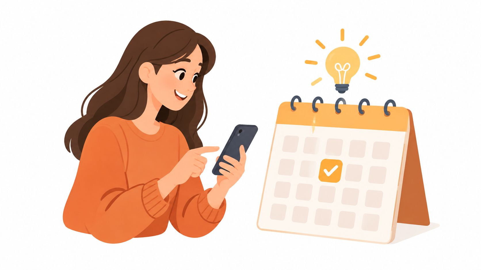 A woman using her smartphone to schedule an appointment on a calendar with a lightbulb icon above.