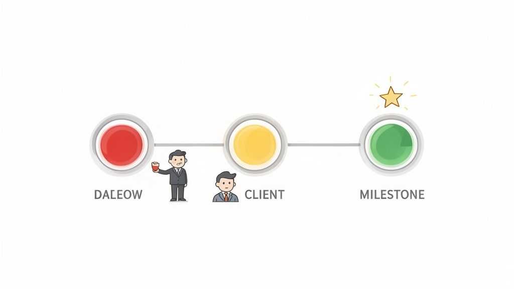 An illustration of a three-step process timeline: Daleow (red), Client (yellow), and Milestone (green with a star).