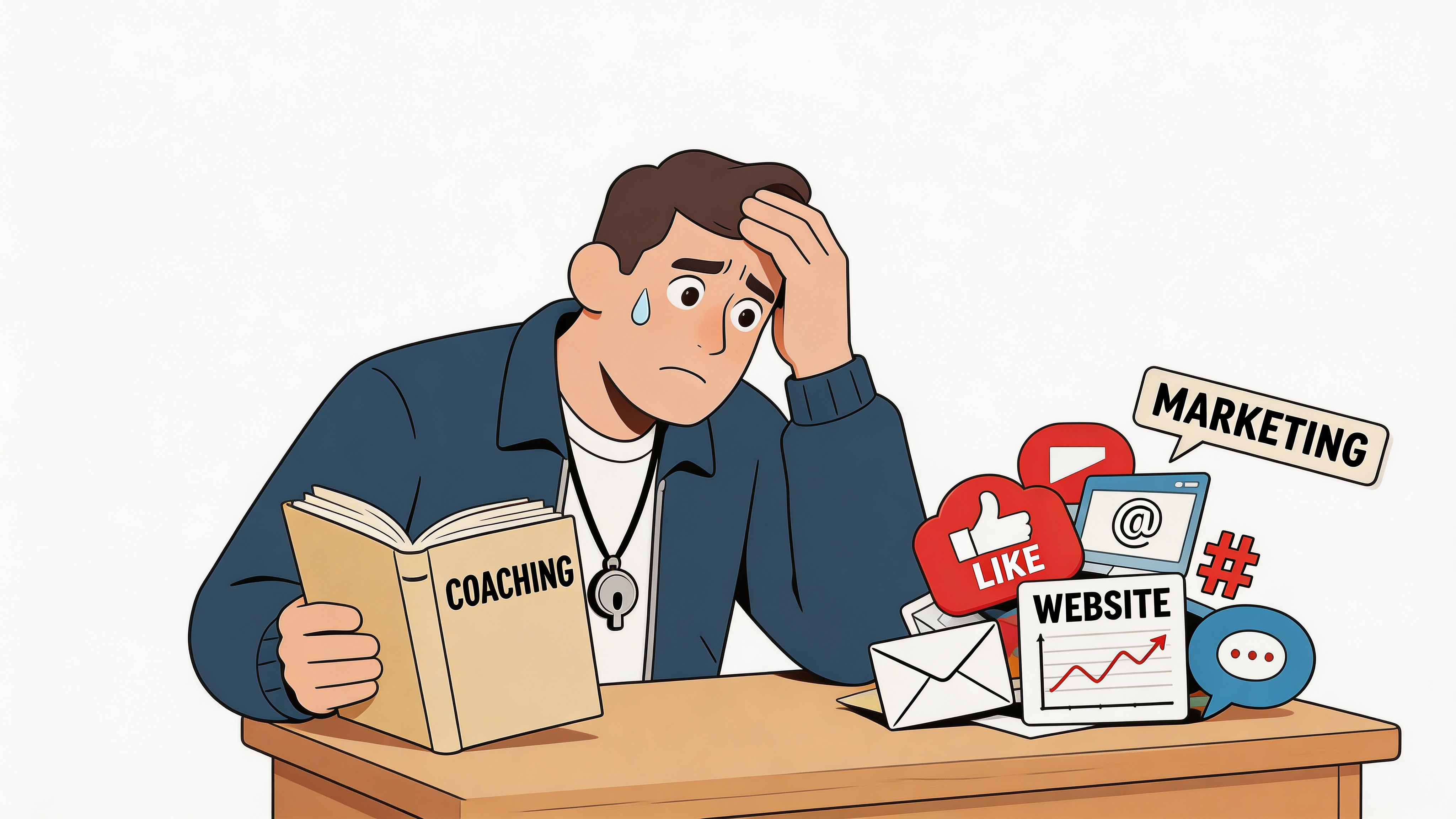 A stressed coach looking at a book while surrounded by digital marketing icons and website elements.