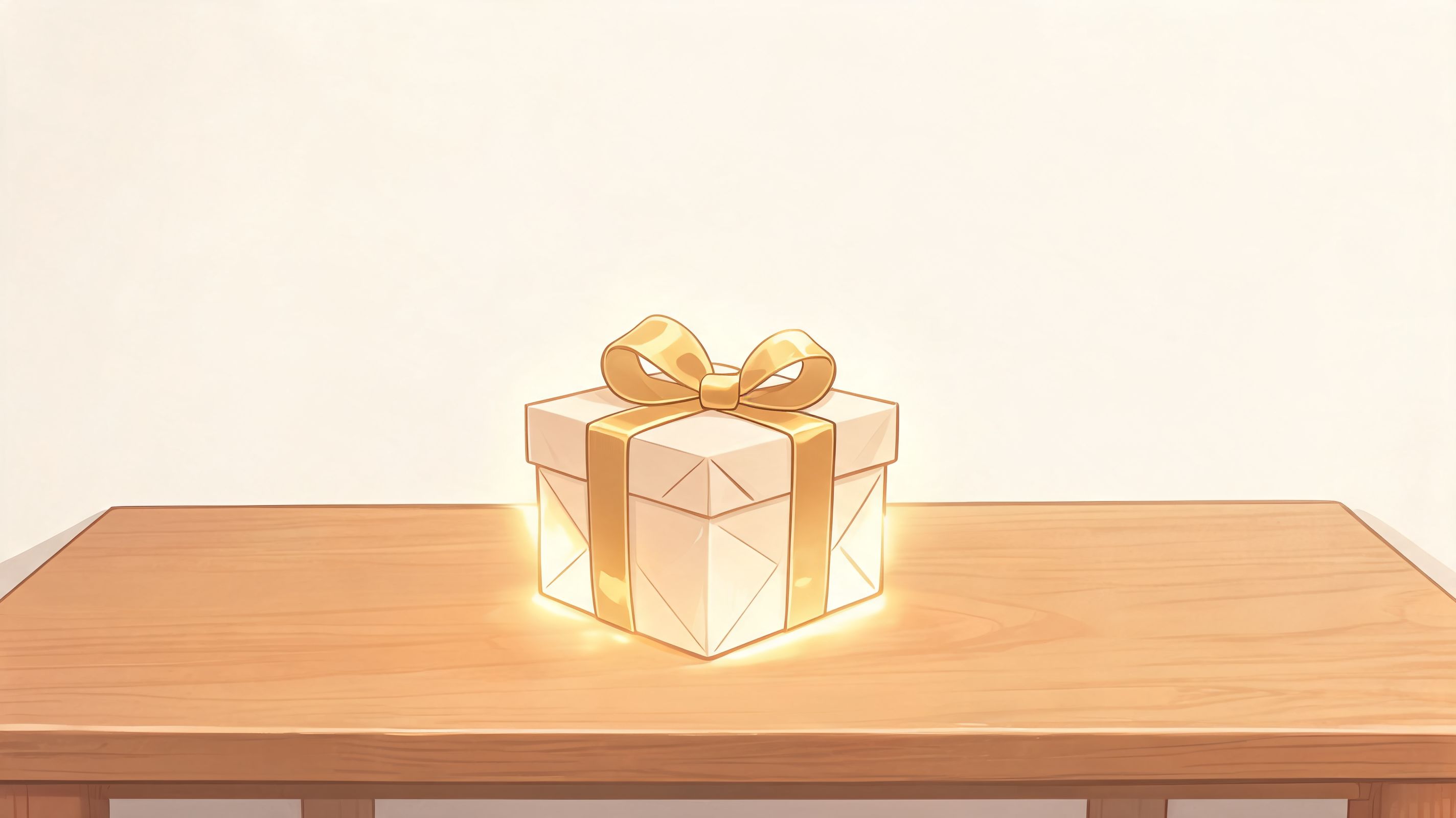 A glowing, elegant white gift box with a golden ribbon sitting on a wooden table.