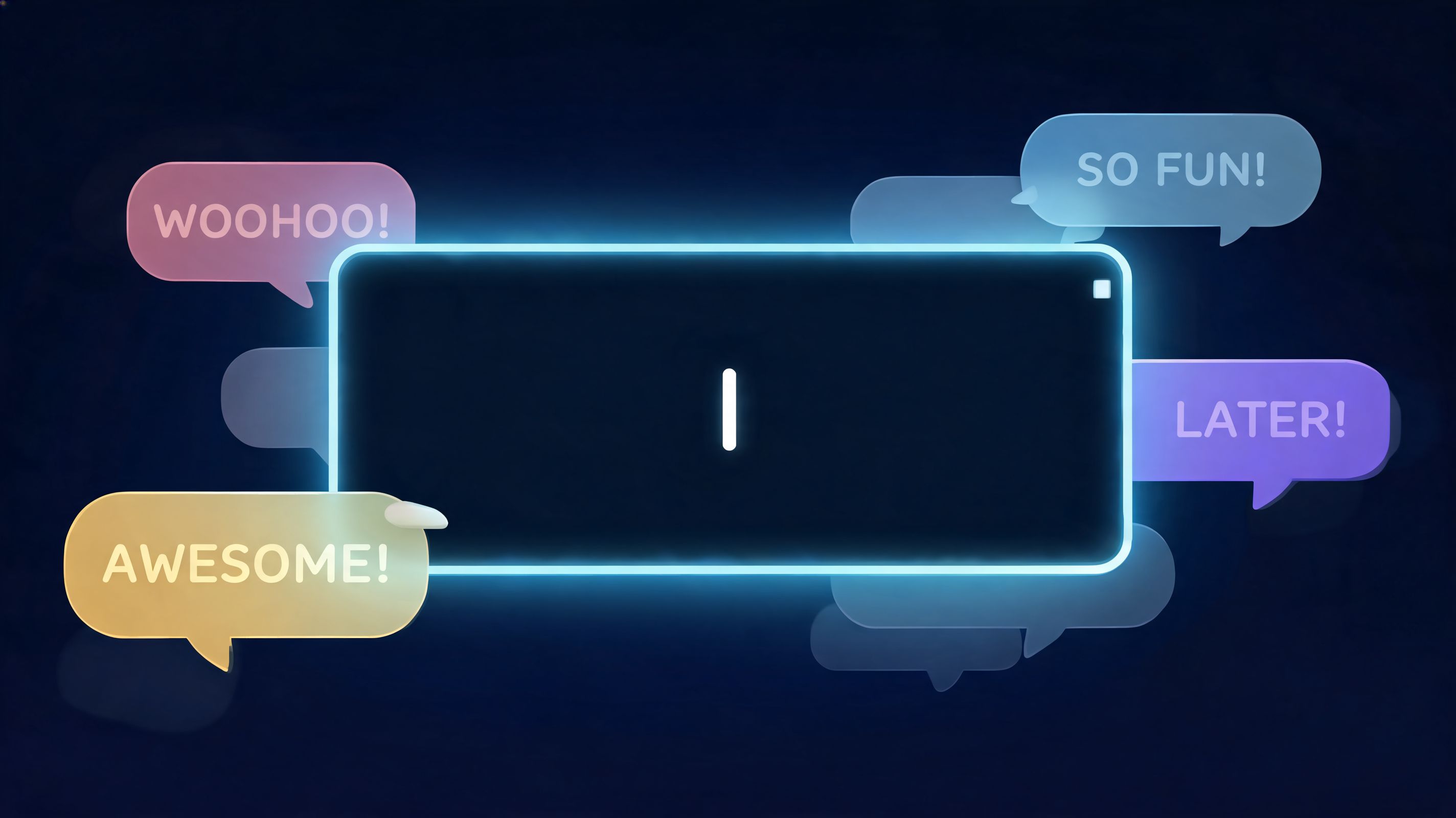 A neon outlined digital screen with floating colorful speech bubbles displaying positive messages for online community engagement.