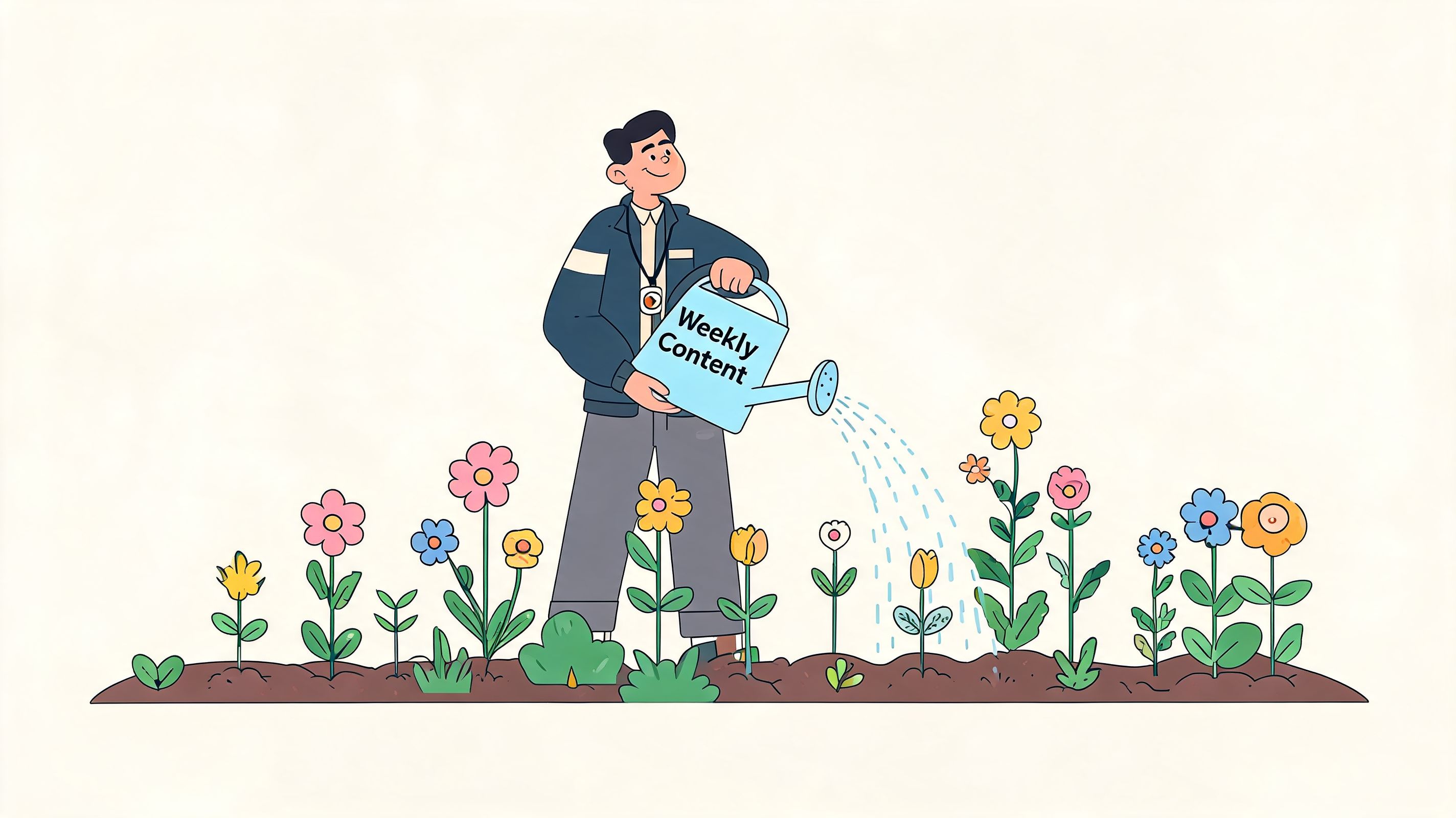 A cartoon man watering a garden of diverse colorful flowers with a watering can labeled weekly content.