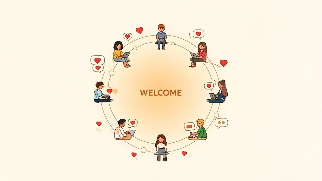 Diverse group of people in a circle using laptops, surrounded by hearts and chat bubbles, with 'WELCOME' in the center, symbolizing online community and connection.