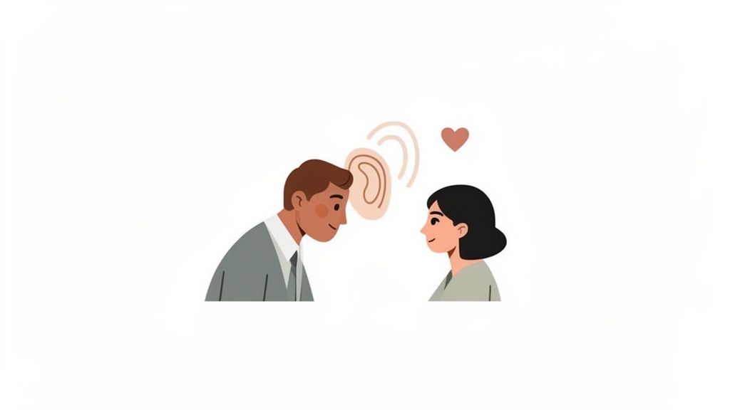 Illustration of a man attentively listening to a woman, with an ear and sound waves, depicting empathy and connection.