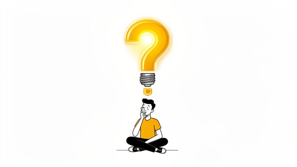 Illustration of a person sitting and thinking, with a glowing lightbulb shaped like a question mark above.