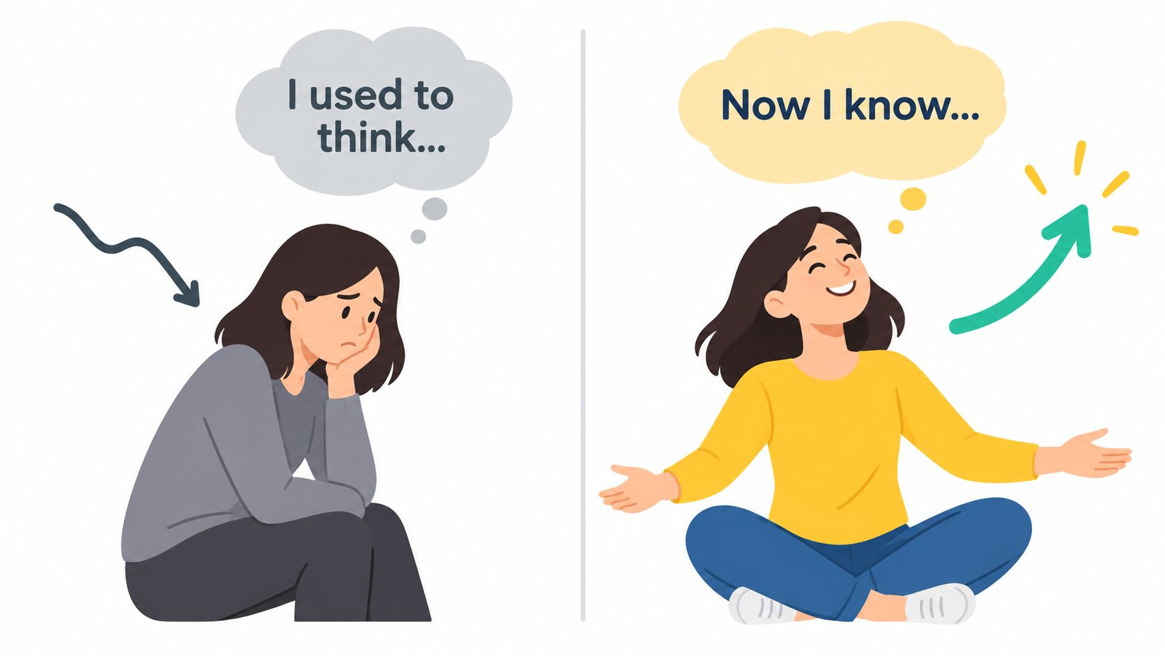 An illustration showing a sad woman thinking about the past and a happy woman celebrating new knowledge.