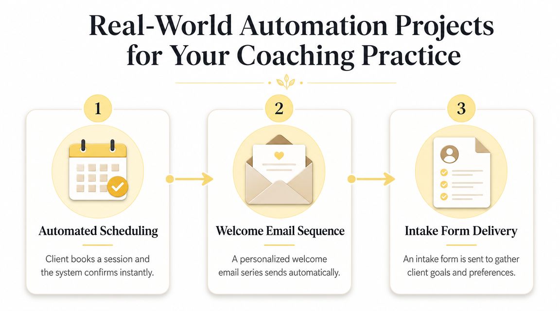 A diagram outlining three automated coaching practice workflows: scheduling, welcome emails, and client intake form delivery.