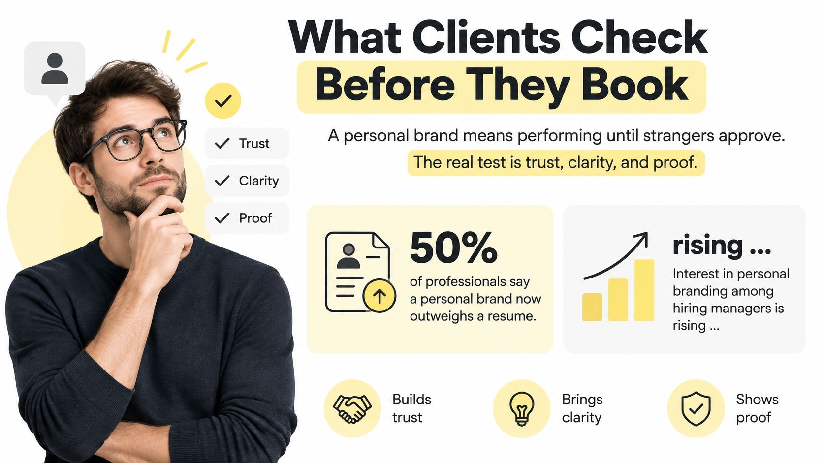 A thoughtful man considering personal branding, emphasizing the importance of trust, clarity, and proof to clients.