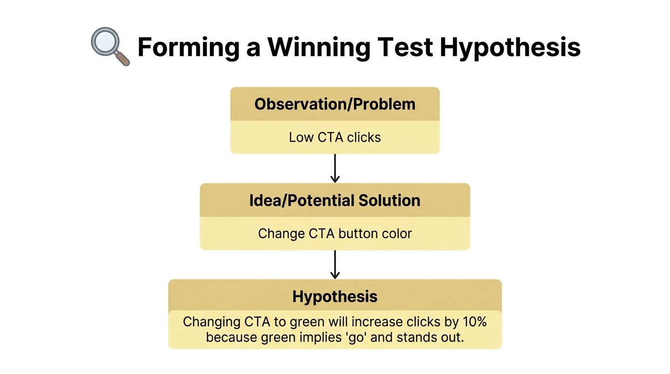 A flowchart diagram explaining the process of forming a hypothesis for a landing page split test.