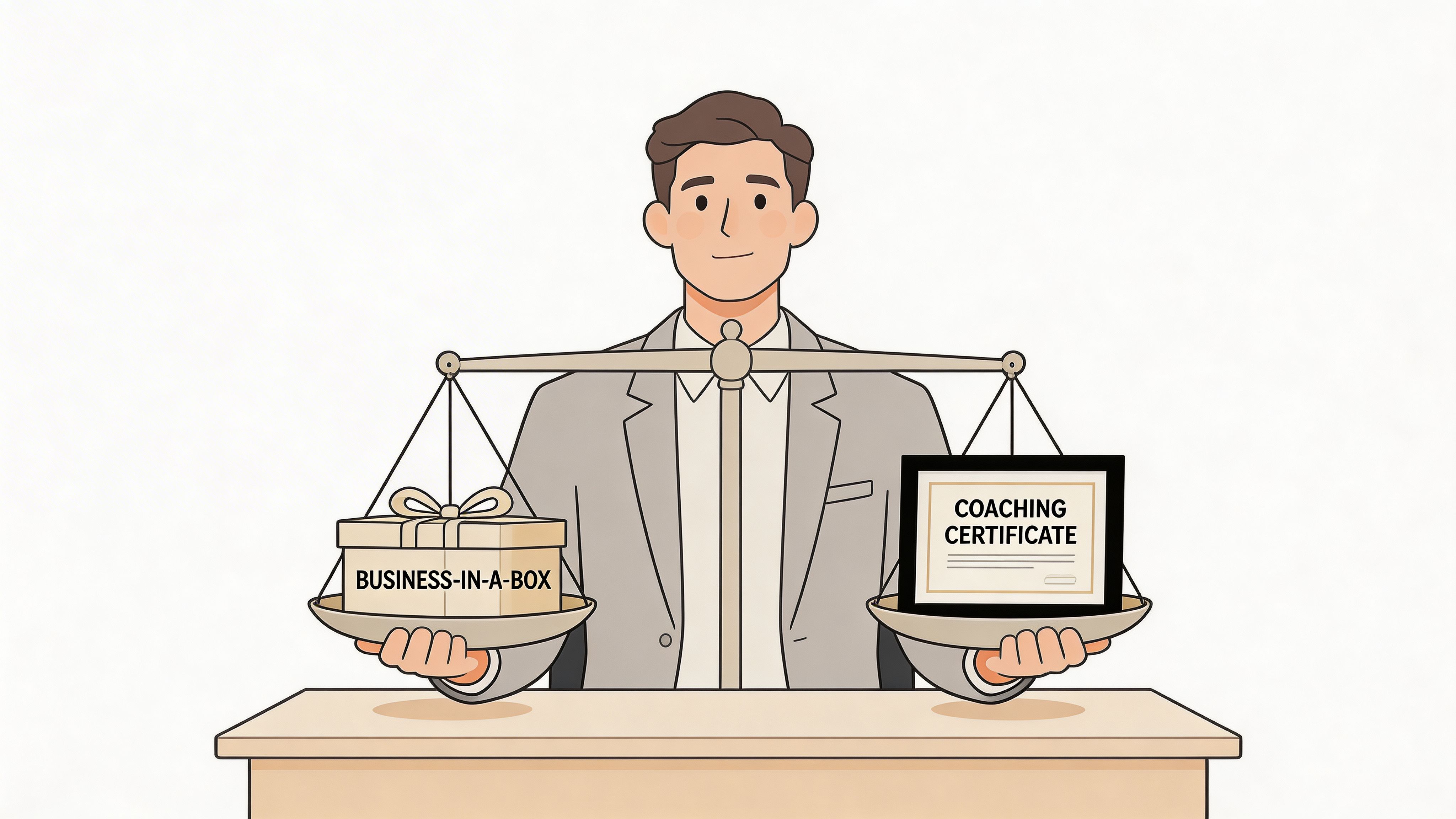 A businessman comparing a Business-in-a-Box package and a Coaching Certificate on a balance scale at a desk.