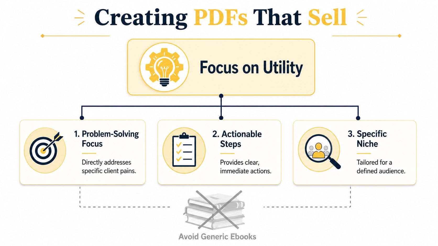 A diagram outlining three key strategies for creating effective, high-selling PDF documents for a specific audience.