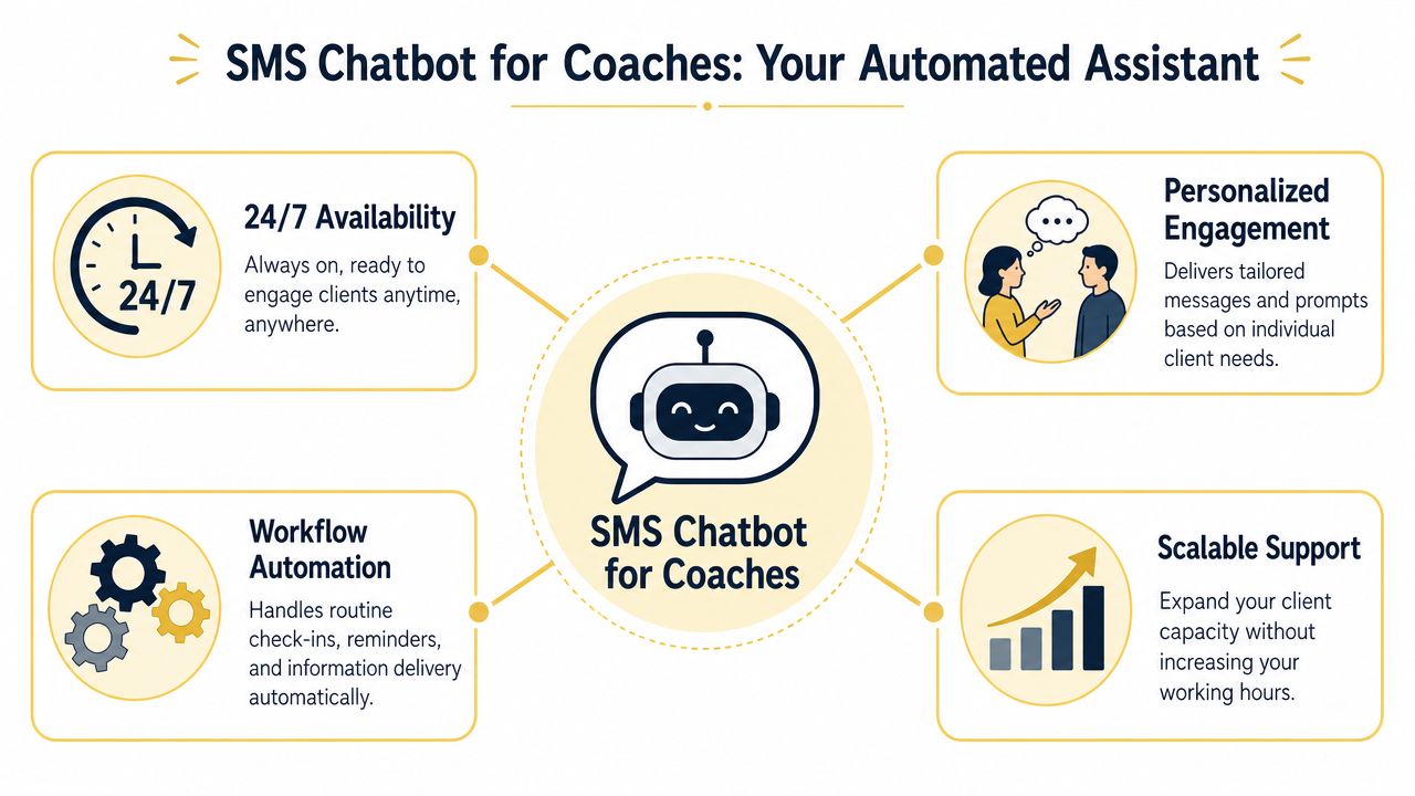 A diagram illustrating the benefits of an SMS chatbot for coaches including automation and scalable support.