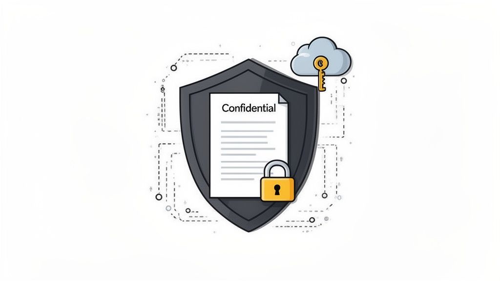A shield protecting a confidential document with a padlock, next to a cloud and key, symbolizing data security.