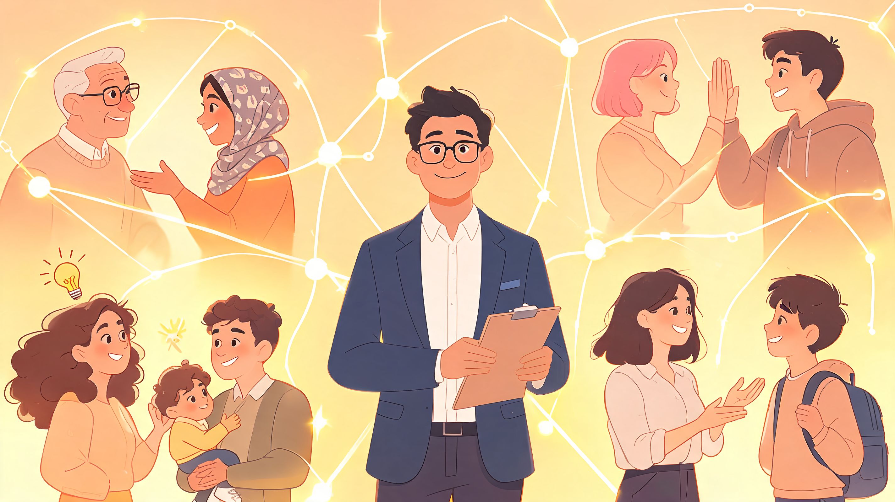 A central professional figure with a clipboard, surrounded by diverse people connecting in a bright, glowing network.