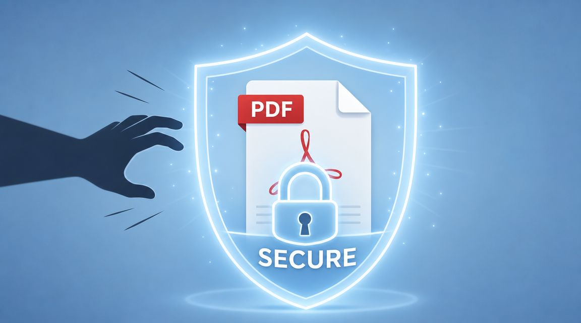 A digital document protected by a glowing shield and padlock icon to prevent unauthorized access.