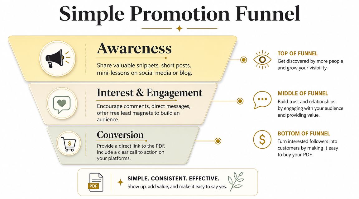 A diagram illustrating a simple three-stage promotion funnel for selling digital PDF documents online.