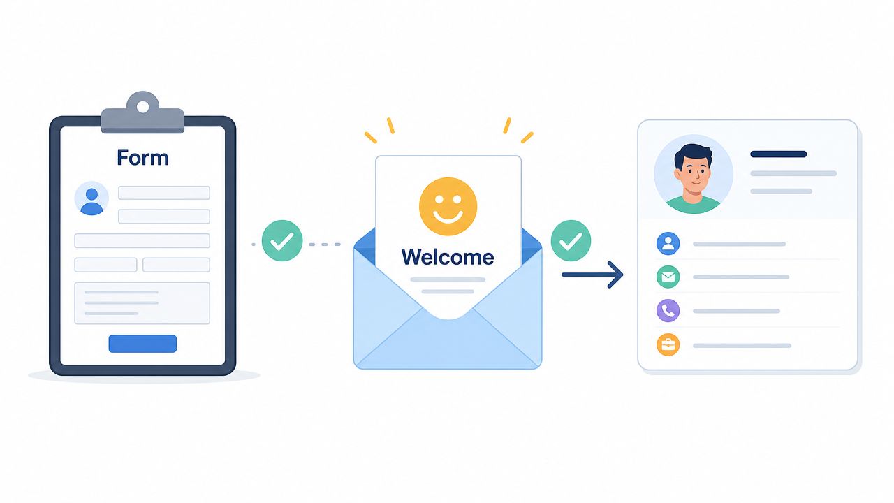 A diagram showing a form being filled out, an automated welcome email sent, and a user profile created.