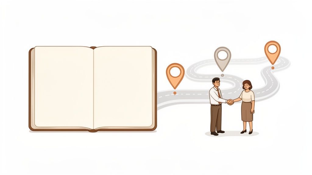 Illustration of an open notebook, a man and woman shaking hands, and a journey path with location pins.