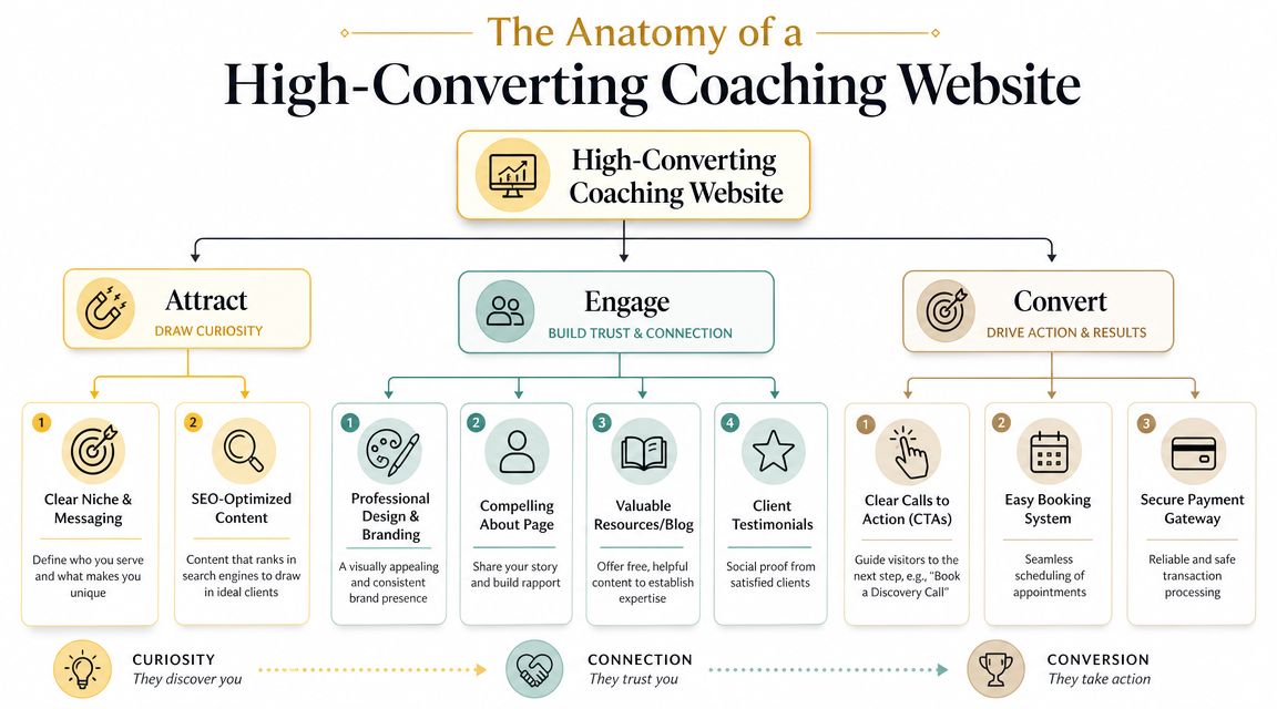 A diagram outlining the key components for building a high-converting coaching website, categorized by Attract, Engage, and Convert.