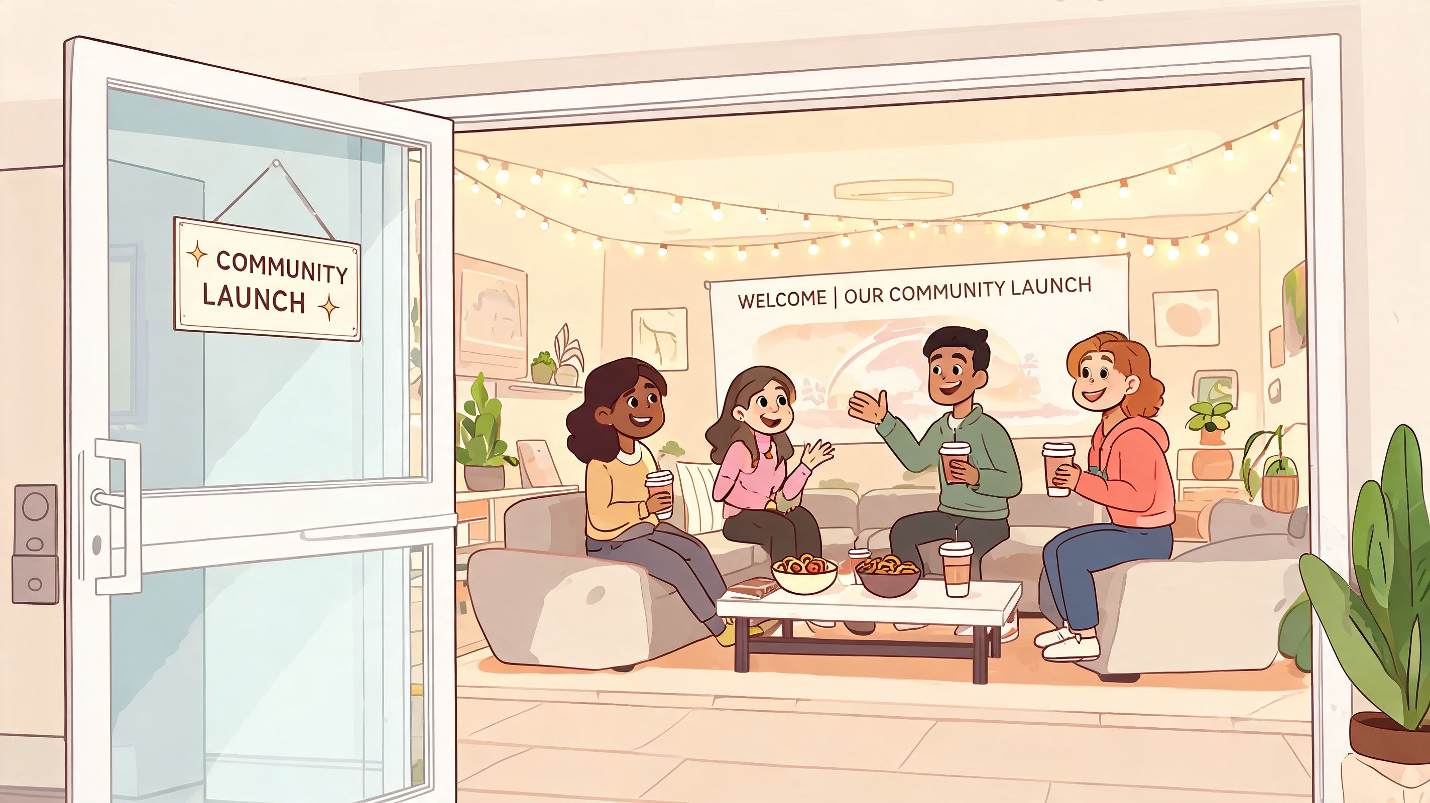 Diverse group of young people chatting and drinking coffee during a cozy community launch event celebration.