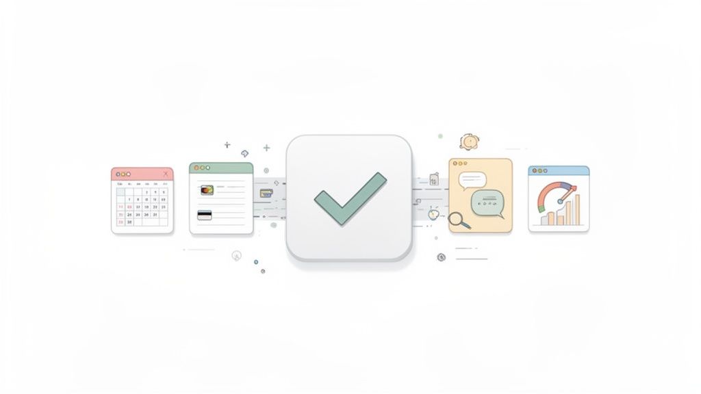 Illustration of calendar, task, chat, and dashboard app windows surrounding a large green checkmark, symbolizing productivity and completion.