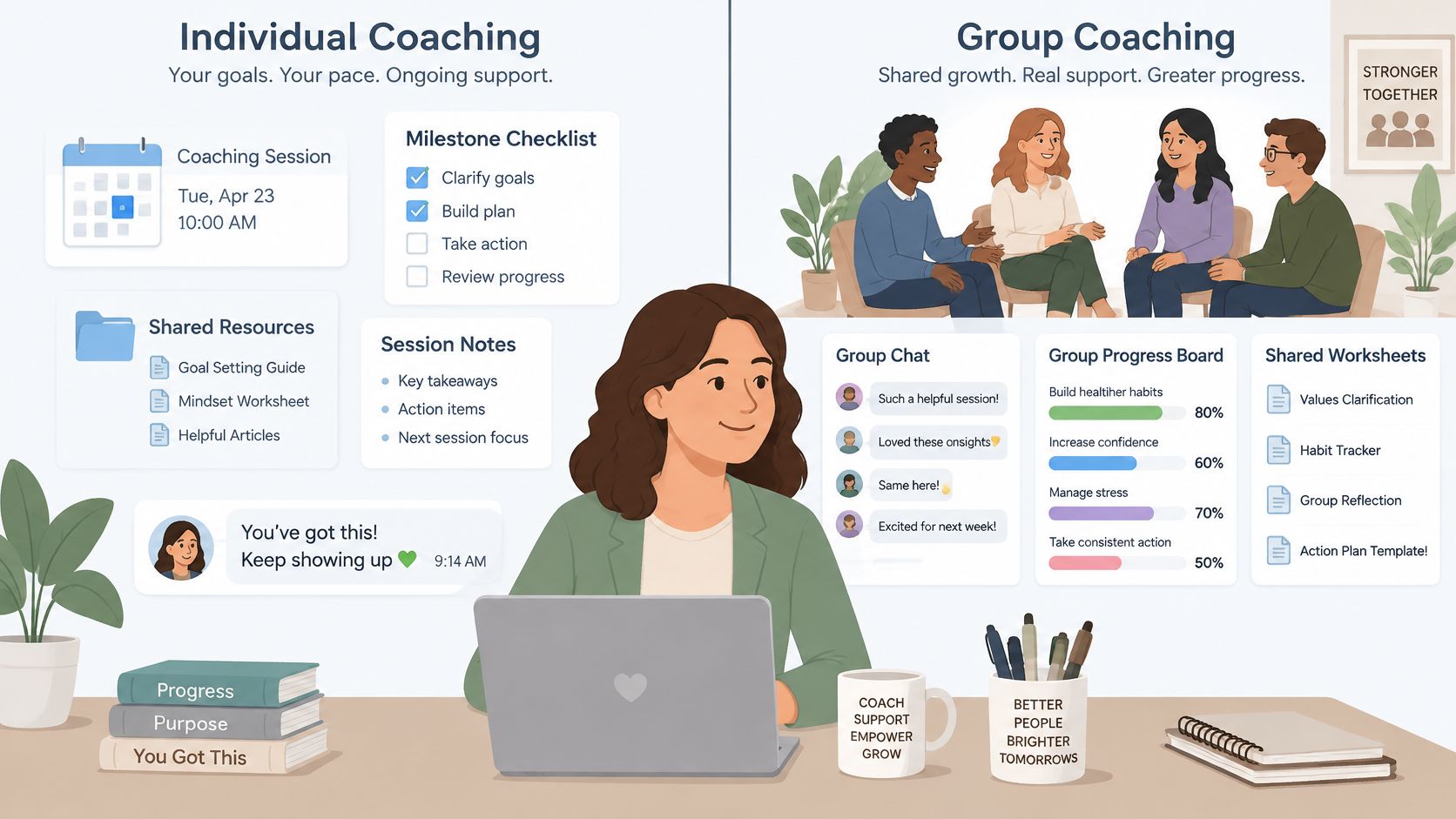 A woman working on a laptop showcasing the differences and benefits between individual and group coaching sessions.