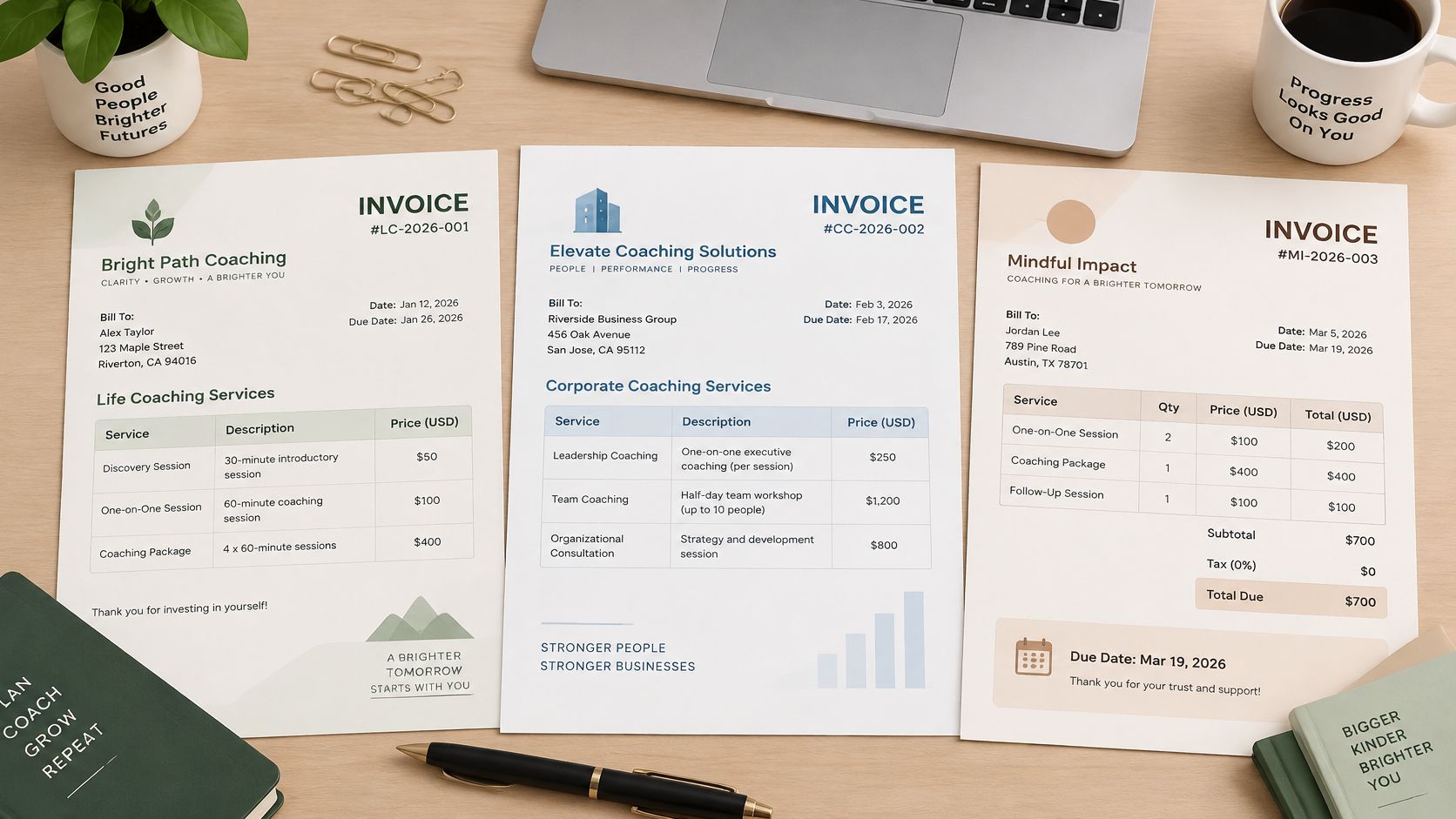 A professional flatlay featuring three different coaching invoice templates displayed on a wooden desk with office supplies.