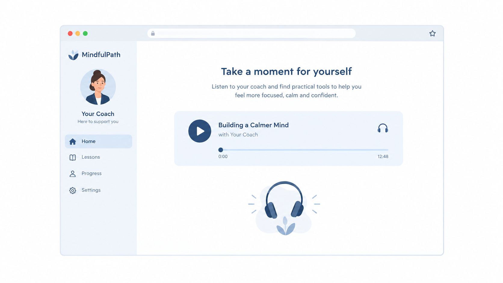 A web interface for MindfulPath showing a meditation audio player with a user's coach profile.
