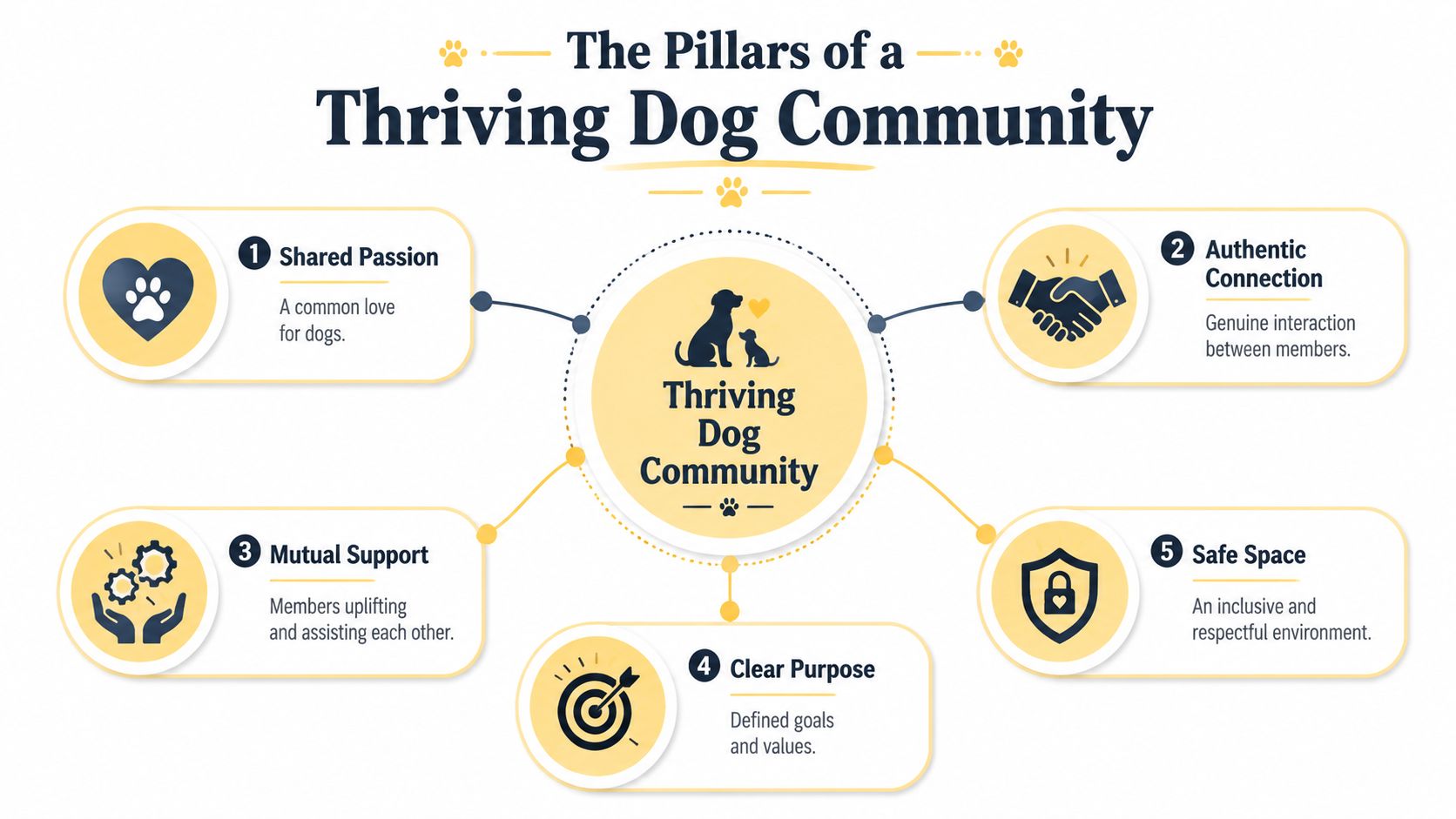 A diagram illustrating the five pillars of a thriving dog community with icons and descriptive text.