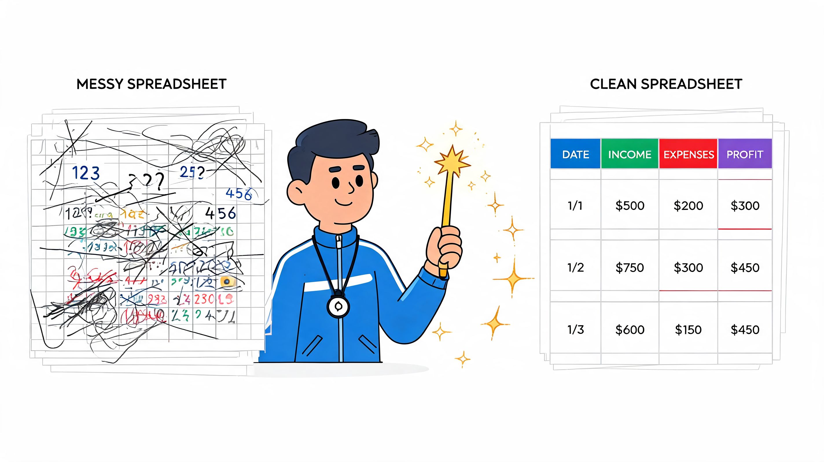 A cartoon illustration showing a person transforming a messy, disorganized spreadsheet into a clean, professional table.