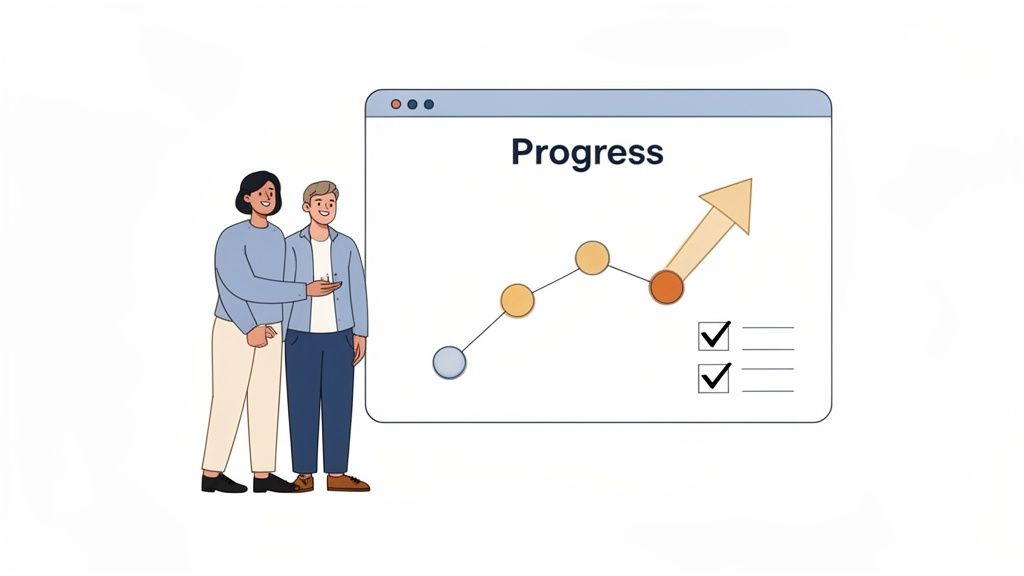 Two people observe a digital progress chart with an upward trend and completed tasks, indicating successful achievement.