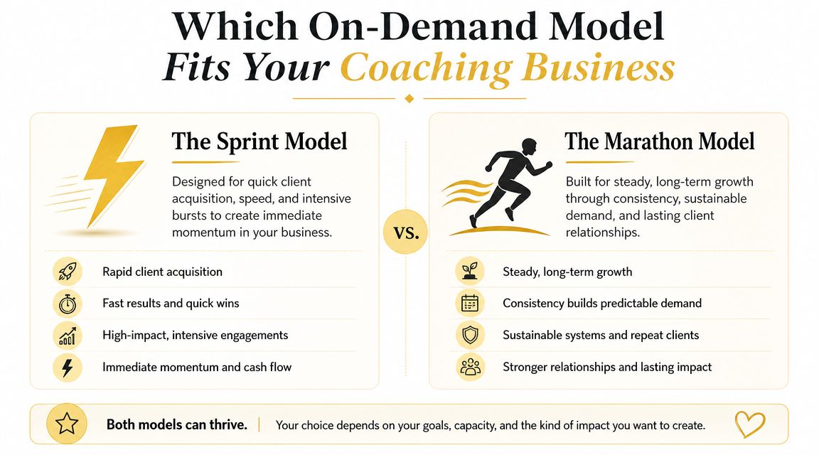 A comparative infographic showing the Sprint Model versus the Marathon Model for coaching business growth strategies.