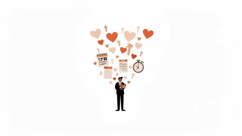 A man in a suit with hearts, arrows, a calendar, a checklist, and a stopwatch floating above him, representing the balance between passion and productivity.