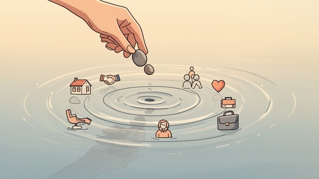 A hand drops stones into water, creating ripples around icons representing family, work, home, relationships, and well-being.