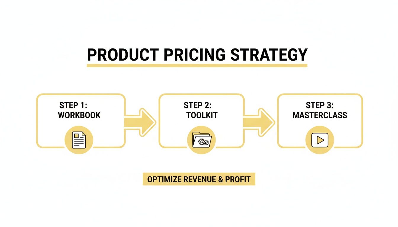 A flowchart illustrating a product pricing strategy with three steps: workbook, toolkit, and masterclass.