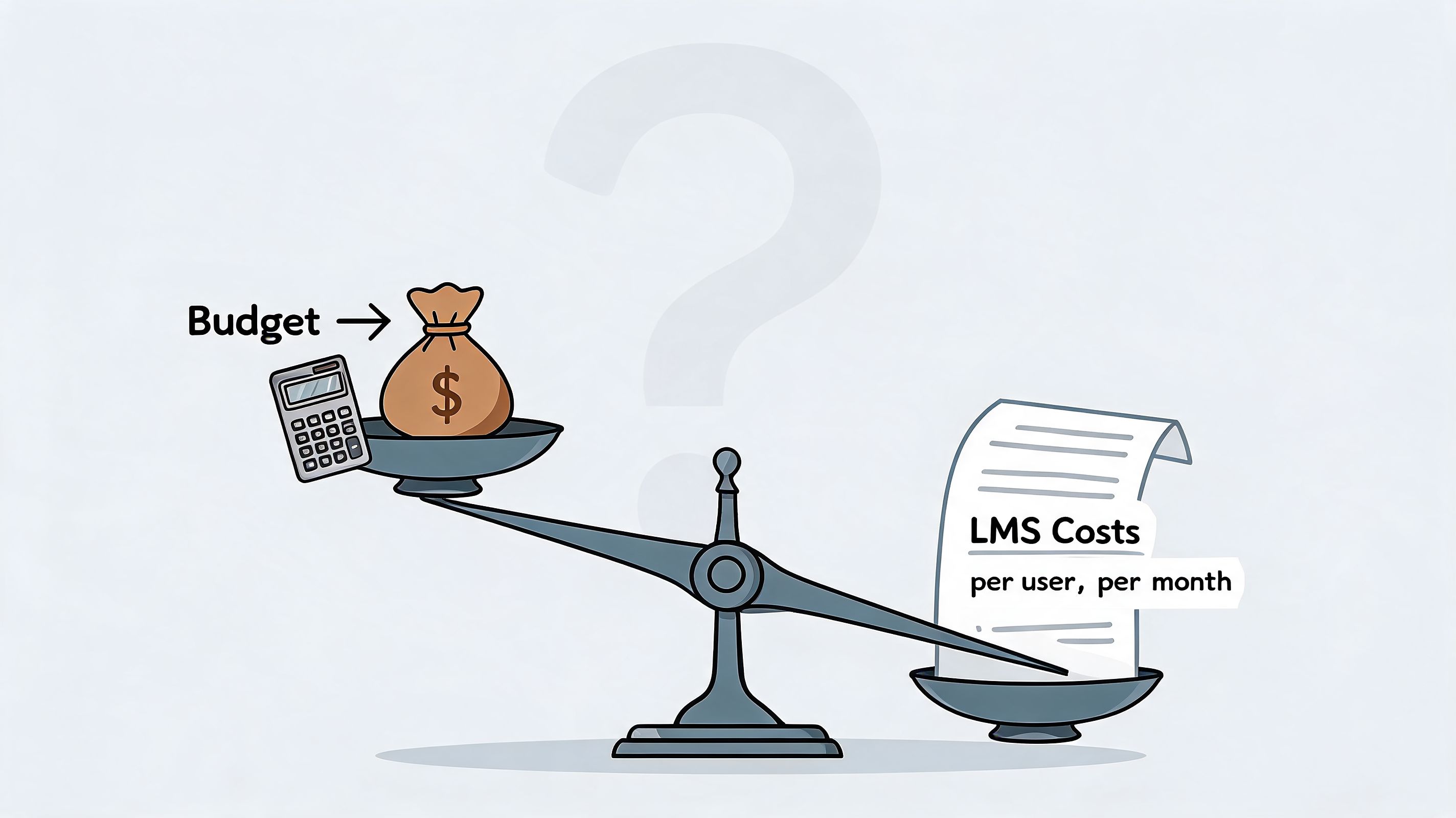 A scale balancing a money bag with a calculator against a document labeled LMS costs per user.