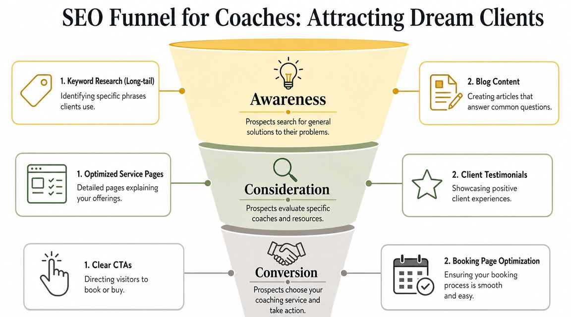 An infographic showing a three-stage SEO funnel for coaches, from awareness to conversion through strategic actions.